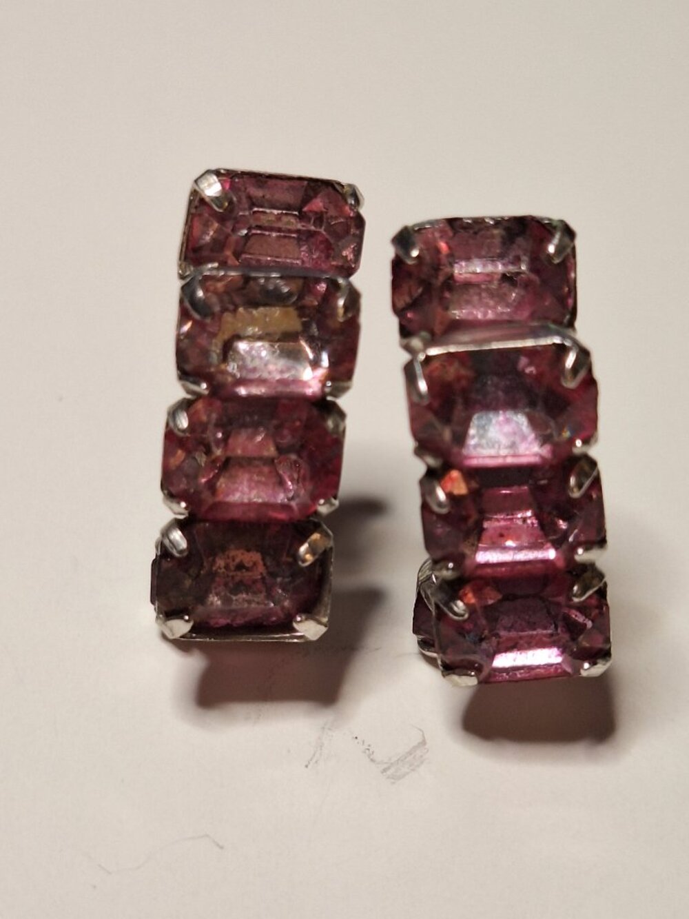 Vintage Pink Amethyst Glass Emerald Cut Rhinestone Earrings Clip On Pat. 1957965